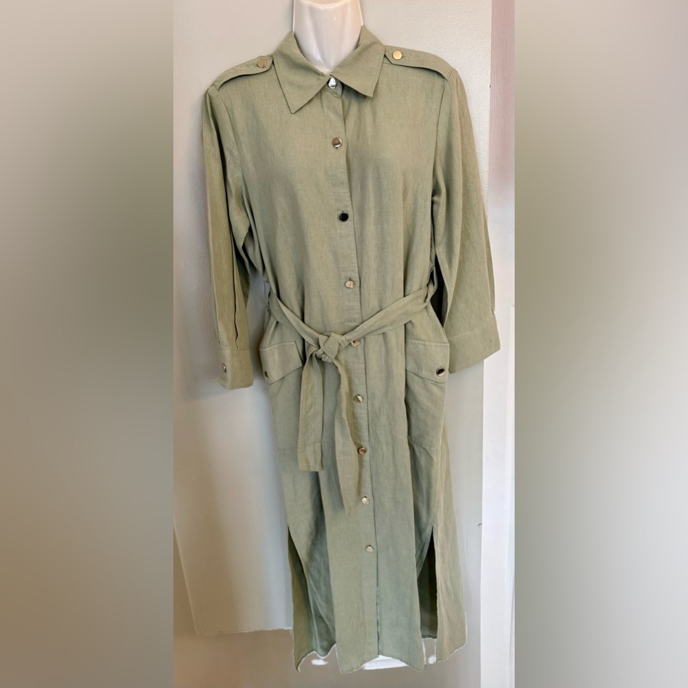 Zara S 4-6 Khaki Green Maxi Shirt Dress Linen Blend Military Utility Pockets - Picture 3 of 4